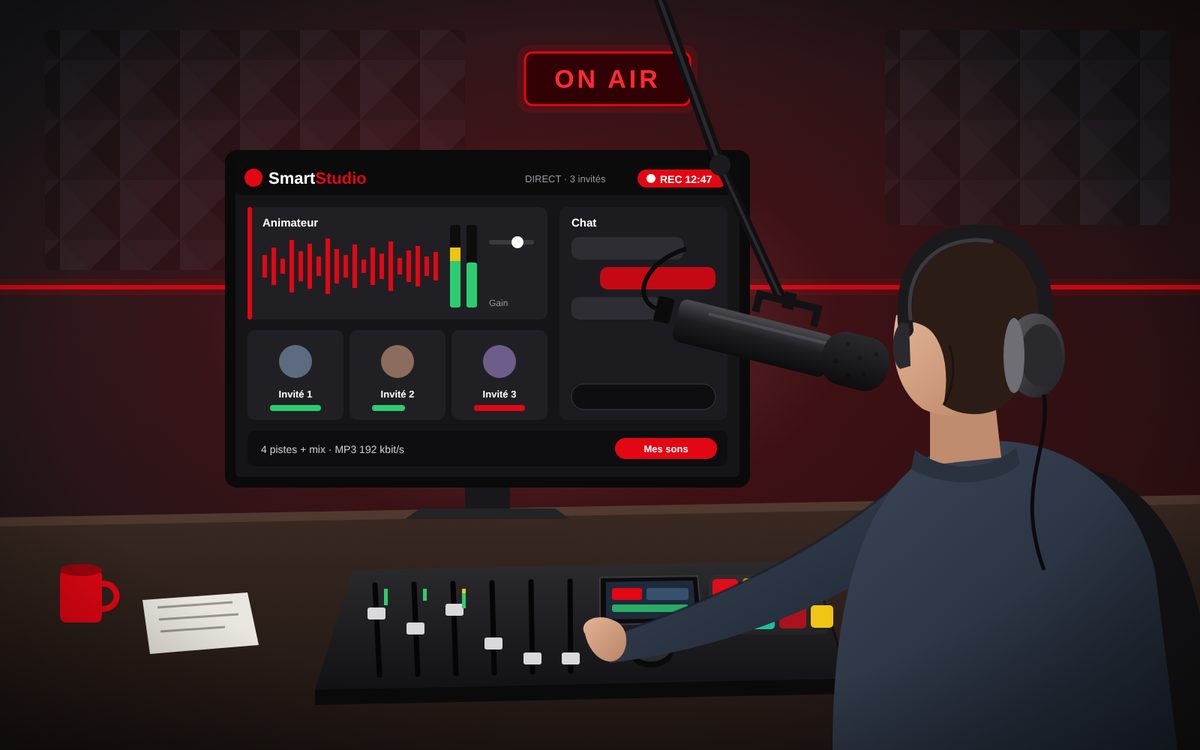 Journaliste en studio radio utilisant SmartStudio, avec micro, console et casque